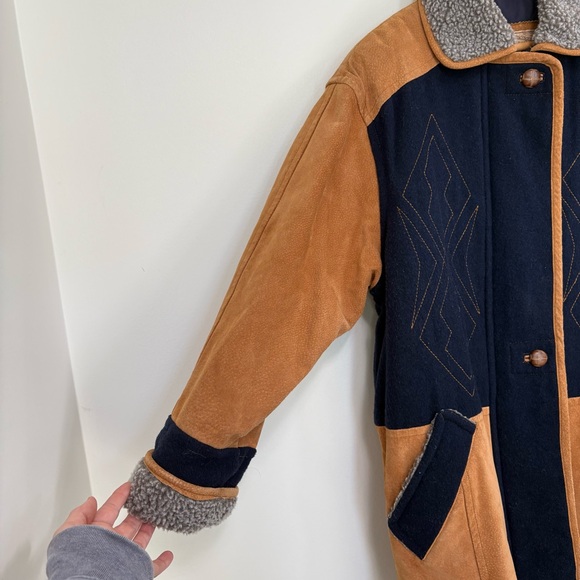 VTG Novelti 100% Leather Wool Tan Blue Insulated Ranch Jacket. Women Sz M - Picture 4 of 16